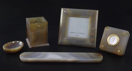 A Seaman Schepps five piece agate and gem set desk set, timepiece 7.5cm.